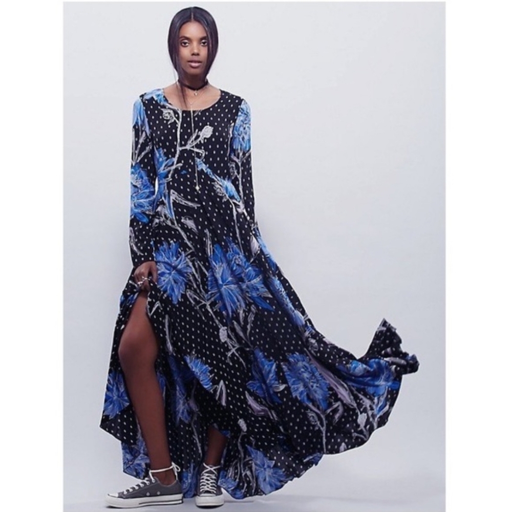 Free People First Kiss Dress Black Blue Floral Long Sleeve Maxi Boho